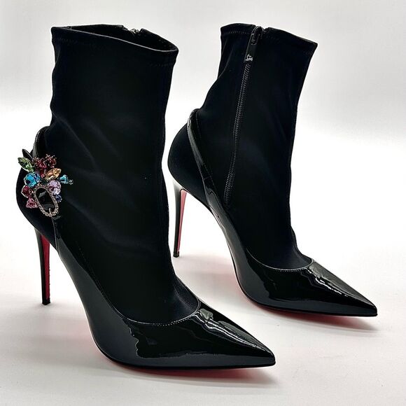 Christian Louboutin Jessie Booty Joli 100 Black Patent Satin Ankle EU 37.5 - Picture 11 of 14